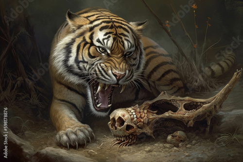 A sabertoothed tiger graciously accepted a gift of succulent prey its fiercely sharp canines through its meal.. AI generation. Generative AI photo