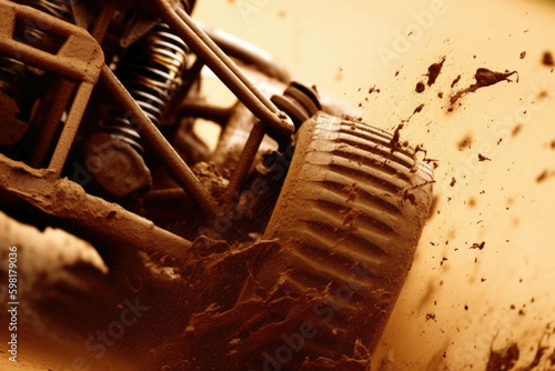 A closeup shot of a offroad racing cars front end as it battles its way through a river of mud. Speed drive concept. AI generation. Generative AI