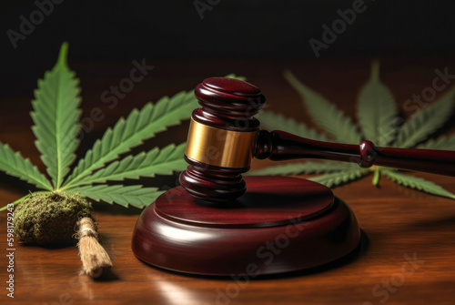 Gavel of judge lying on green leaves of marijuana, Cannabis Leaves , closeup, Generative AI