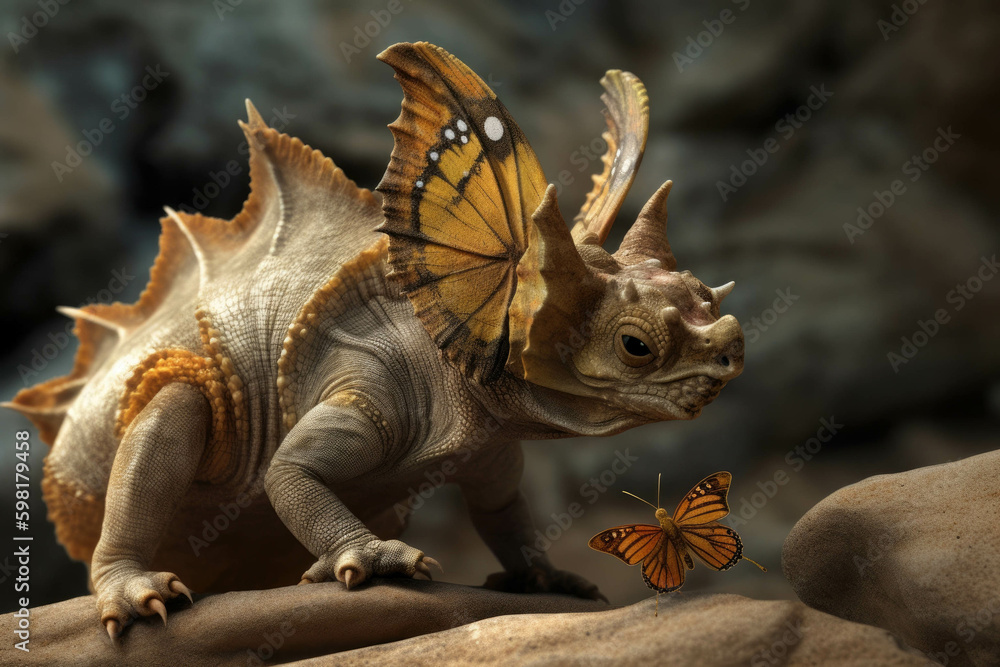 A Protoceratops playing with a erfly. AI generation. Generative AI A Protoceratops playing with a erfly. AI generation. Generative AI
