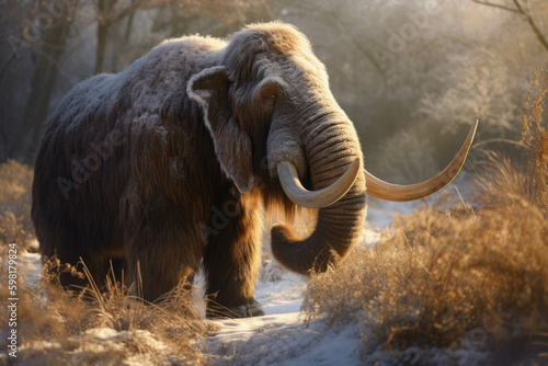 An impressive mammoth its fur glinting with morning frost.. AI generation. Generative AI