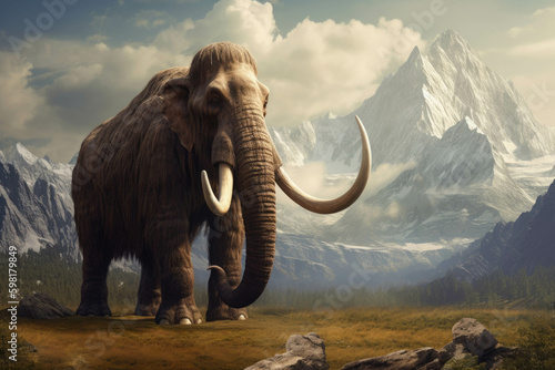 A lone mammoth standing resolute against a pinnacle of distant mountains.. AI generation. Generative AI