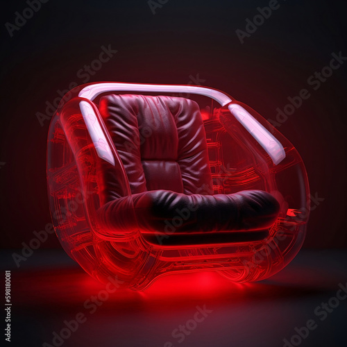 Furniture design of inflatable fluorescent red armchair, transparent, concept product design of  modern futuristic furniture ,plain studio lighting background, generative ai © 1by1step