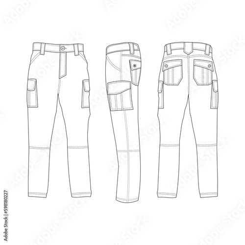 White technical sketch of mens cargo pants vector template, front, back and side view, isolated on white background, editable color and stroke.