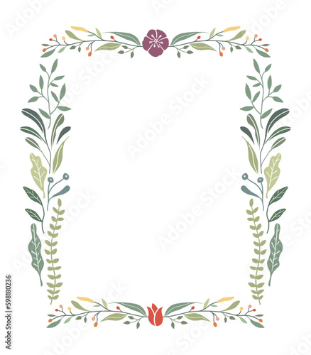 Flower and leaf frame decoration. Botanical wreath, border, garland design element. Floral illustration great for wedding invitation, greeting, mother's day card, web and social media post.