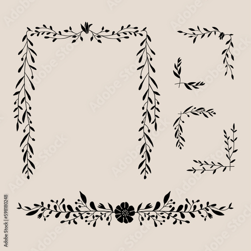 Flower and leaf frame decoration. Botanical wreath, border, garland design element. Floral illustration great for wedding invitation, greeting, mother's day card, web and social media post.