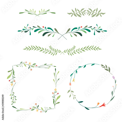 Flower and leaf frame decoration. Botanical wreath, border, garland design element. Floral illustration great for wedding invitation, greeting, mother's day card, web and social media post.