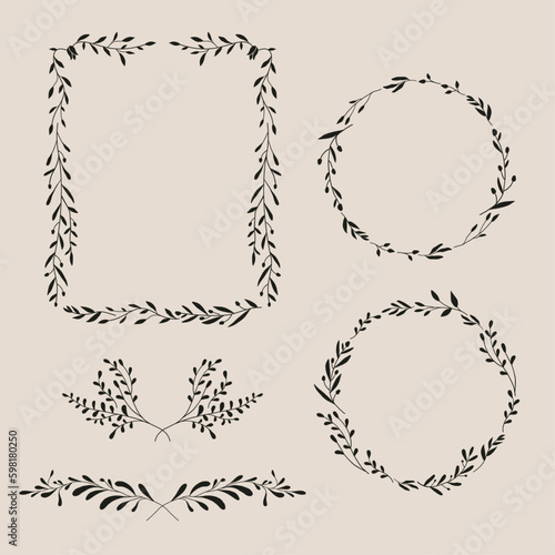 Flower and leaf frame decoration. Botanical wreath, border, garland design element. Floral illustration great for wedding invitation, greeting, mother's day card, web and social media post.
