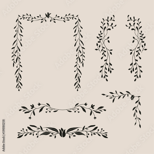 Flower and leaf frame decoration. Botanical wreath, border, garland design element. Floral illustration great for wedding invitation, greeting, mother's day card, web and social media post.