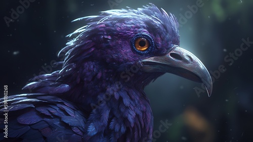 purple feathered bird heretic, digital art illustration, Generative AI