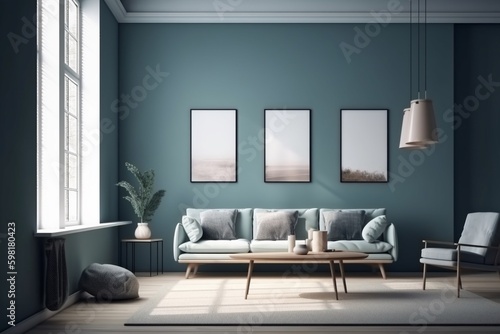 Blue Living Room Interior Created with Generative AI © dendyh7