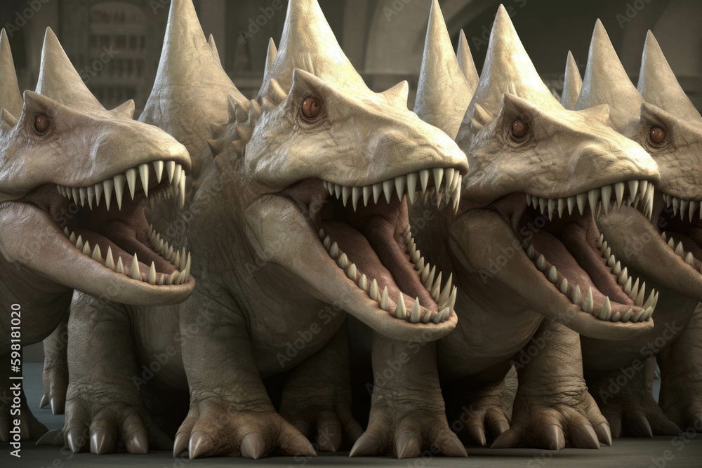 Obraz premium An intimidating row of pointed dinosaur teeth ready to devour and chew. AI generation. Generative AI