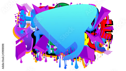 Blue Speech Bubble Graffiti with colorful Background. Urban painting style backdrop. Abstract discussion symbol in modern dirty street art decoration.