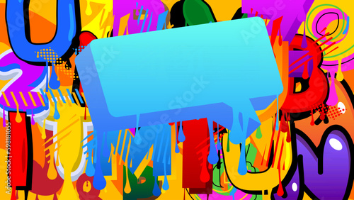 Blue Speech Bubble Graffiti with colorful Background. Urban painting style backdrop. Abstract discussion symbol in modern dirty street art decoration.