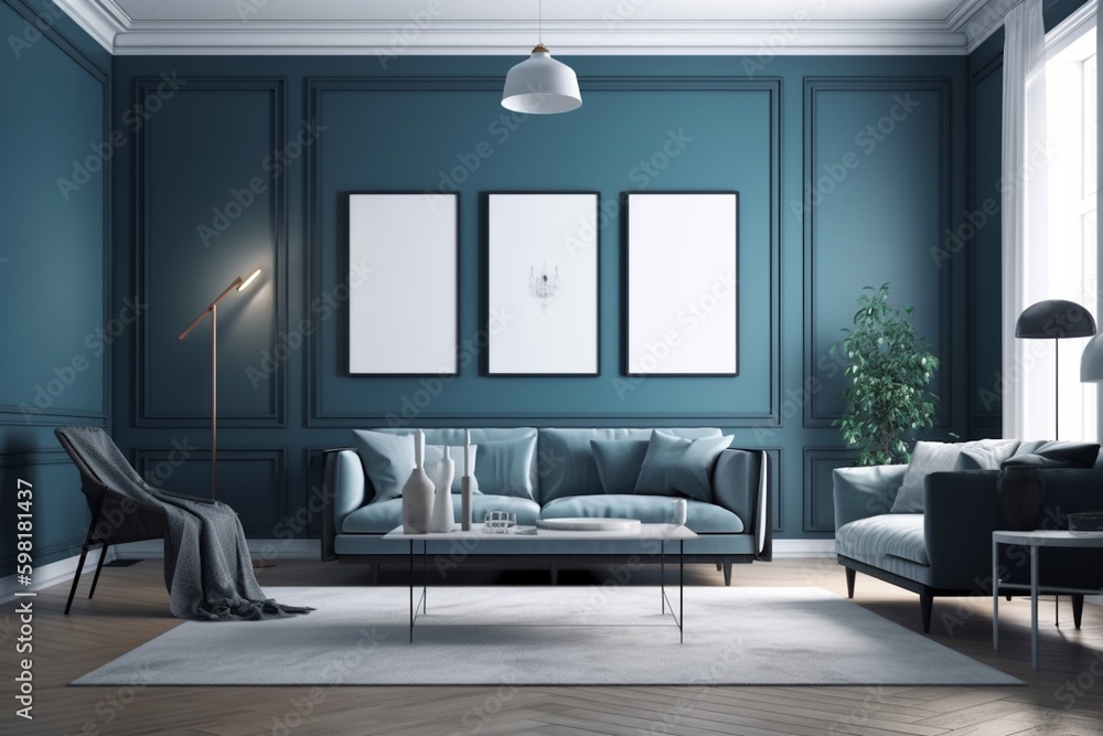 Blue Living Room Interior Created with Generative AI Blue Living Room Interior Created with Generative AI