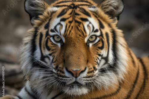 A sly sabertoothed tiger its eyes narrowed in a calculating stare.. AI generation. Generative AI