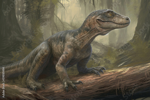 A Herrerasaurus a distant relative of T. Rex.. AI generation. Generative AI © Justlight