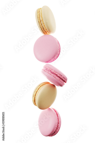 Closeup Macarons dessert food cake flying on white background . 3D Rendering. PNG files