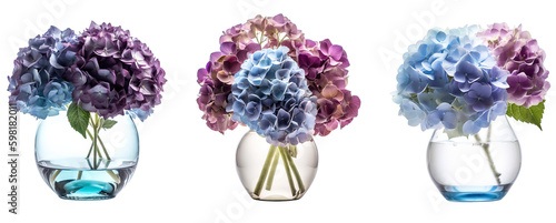 Group of colorful purple, blue hydrangea flowers in vases. Created using generative AI.