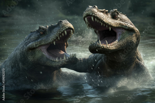 Two water dinosaurs locked in a clash of dominance their roars echoing throughout the depths.. AI generation. Generative AI © Justlight
