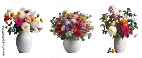 Group of bright colorful summer flowers in vases. Created using generative AI.