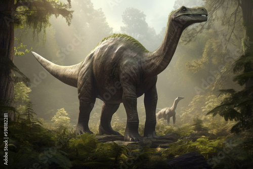An Apatosaurus towering above a prehistoric forest.. AI generation. Generative AI © Justlight