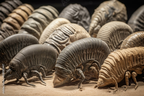 A collection of prehistoric trilobite fossils preserved for posterity in mud and shale.. AI generation. Generative AI