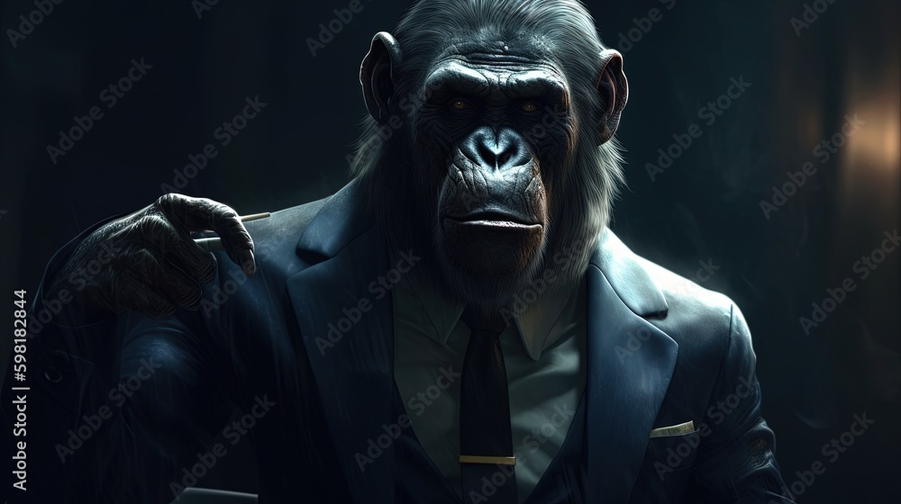 ape wearing suit, digital art illustration, Generative AI