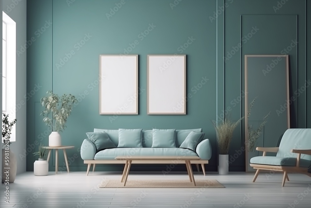 Blue Living Room Interior Created with Generative AI Blue Living Room Interior Created with Generative AI
