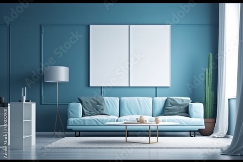 Wallpaper Mural Blue Living Room Interior Created with Generative AI Torontodigital.ca