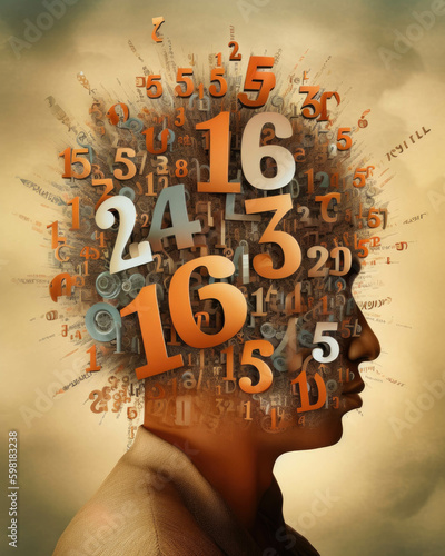 A group of numbers and letters representing rising levels of stress tered around a mans head. Psychology emotions concept. AI generation. Generative AI