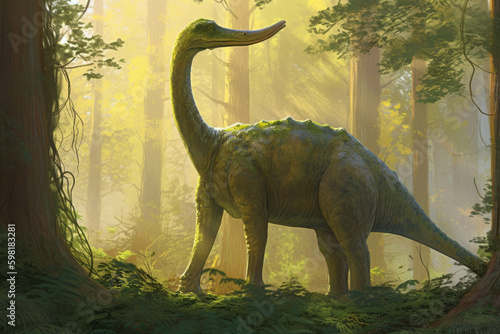 A Brachiosaurus dipping its long neck to browse treetops.. AI generation. Generative AI