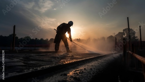 Silhouetted worker pours concrete, constructing commercial floors