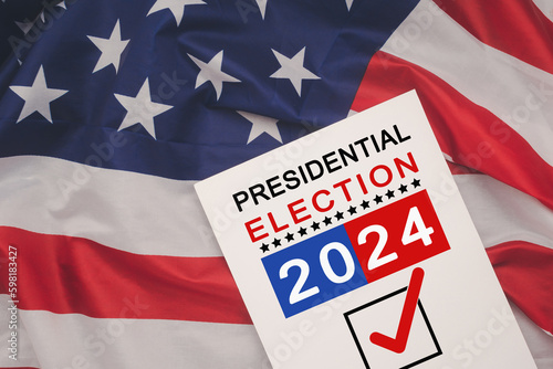 Presidential election 2024 text on white paper over the American flag background photo