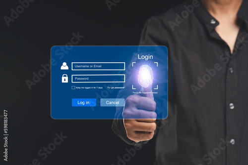 Log in to the system with a fingerprint on the virtual screen while standing on a black background