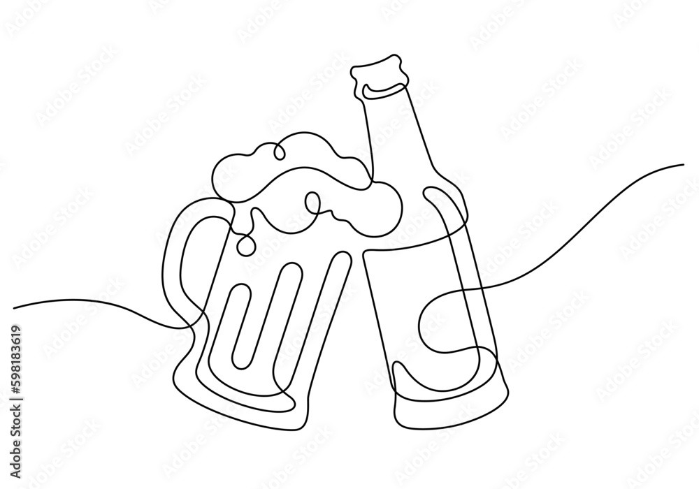 beer bottle and froth beer mug celebratory toast clinking in continuous