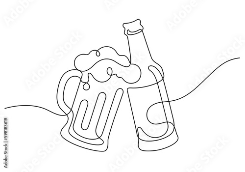 beer bottle and froth beer mug celebratory toast clinking in continuous line drawing vector illustration minimalism style