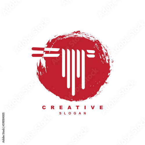 Negative space traditional oriental noodle with chopstick logo design. Asian ramen vector.