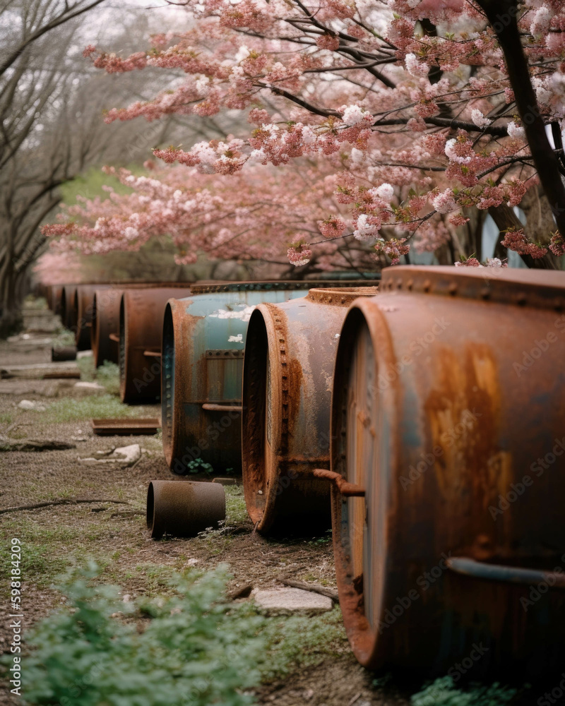 Sweet and delicate petals from the trees in bloom give way to the worn and weathered remains of rusting tanks in Abandoned landscape. AI generation. Generative AI Sweet and delicate petals from the trees in bloom give way to the worn and weathered remains of rusting tanks in Abandoned landscape. AI generation. Generative AI
