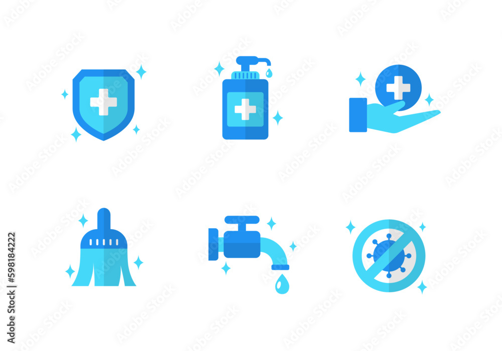 Set of hygiene icons in flat style with blue color isolated on white background Set of hygiene icons in flat style with blue color isolated on white background