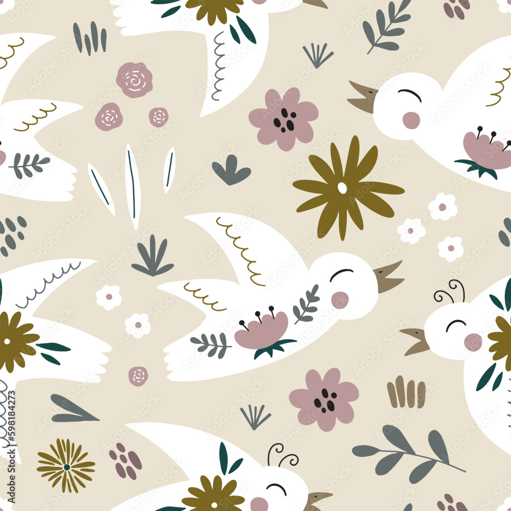 Seamless pattern with birds in scandinavian style surrounded by plants and flowers. Vector illustration for your design
