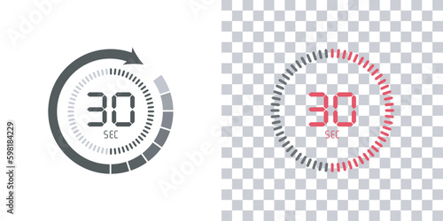 Timer, 30 seconds, stopwatch vector icon. Stopwatch icon in flat style, 30 seconds Countdown timer symbol icon on white and transparent background. Vector illustration.