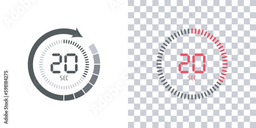 Timer, 20 seconds, stopwatch vector icon. Stopwatch icon in flat style, 20 seconds Countdown timer symbol icon on white and transparent background. Vector illustration.
