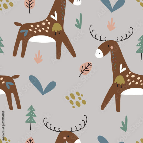Seamless pattern with cute deer in the forest. Vector illustration isolated on white background for nursery and textile decoration