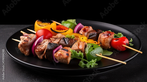 Delicious Skewers Kababs in Plate with Vegetables on Foody Theme Background AI Generative