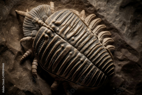 An intricate pattern of ridges and spines on a trilobite fossil a reminder of its past life.. AI generation. Generative AI © Justlight