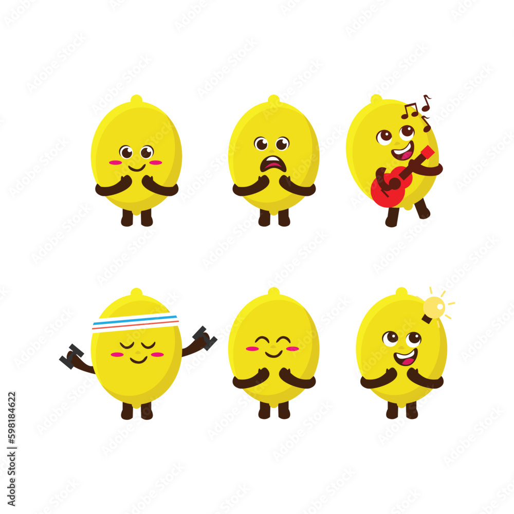 Flat Kawaii Cute Lemon Mascot Character Illustration Set Flat Kawaii Cute Lemon Mascot Character Illustration Set