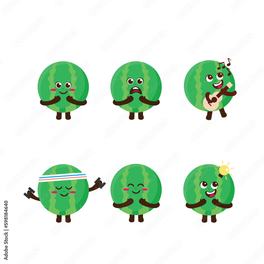 Flat Kawaii Cute Watermelon Mascot Character Illustration Set Flat Kawaii Cute Watermelon Mascot Character Illustration Set