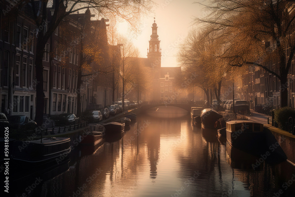 Fototapeta premium the first light of the day casts a golden hue over the charming cityscape