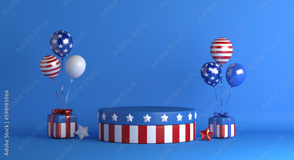 USA podium displaywith balloon and gift box, Fourth of July independence day, copy space text, 3D rendering illustration USA podium displaywith balloon and gift box, Fourth of July independence day, copy space text, 3D rendering illustration